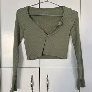 Ribbed Snap-Front Olive Long-Sleeve Crop Top